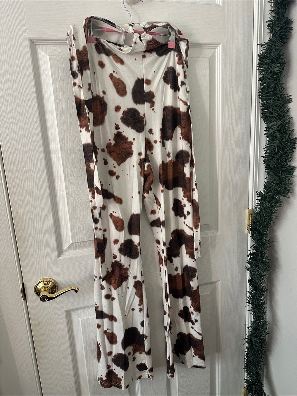 Cow-Print Wide-Leg Jumpsuit Pants - White & Brown